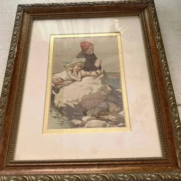 Vintage Wood Framed Matted Picture of Kids by the Water - Picture 3 of 5